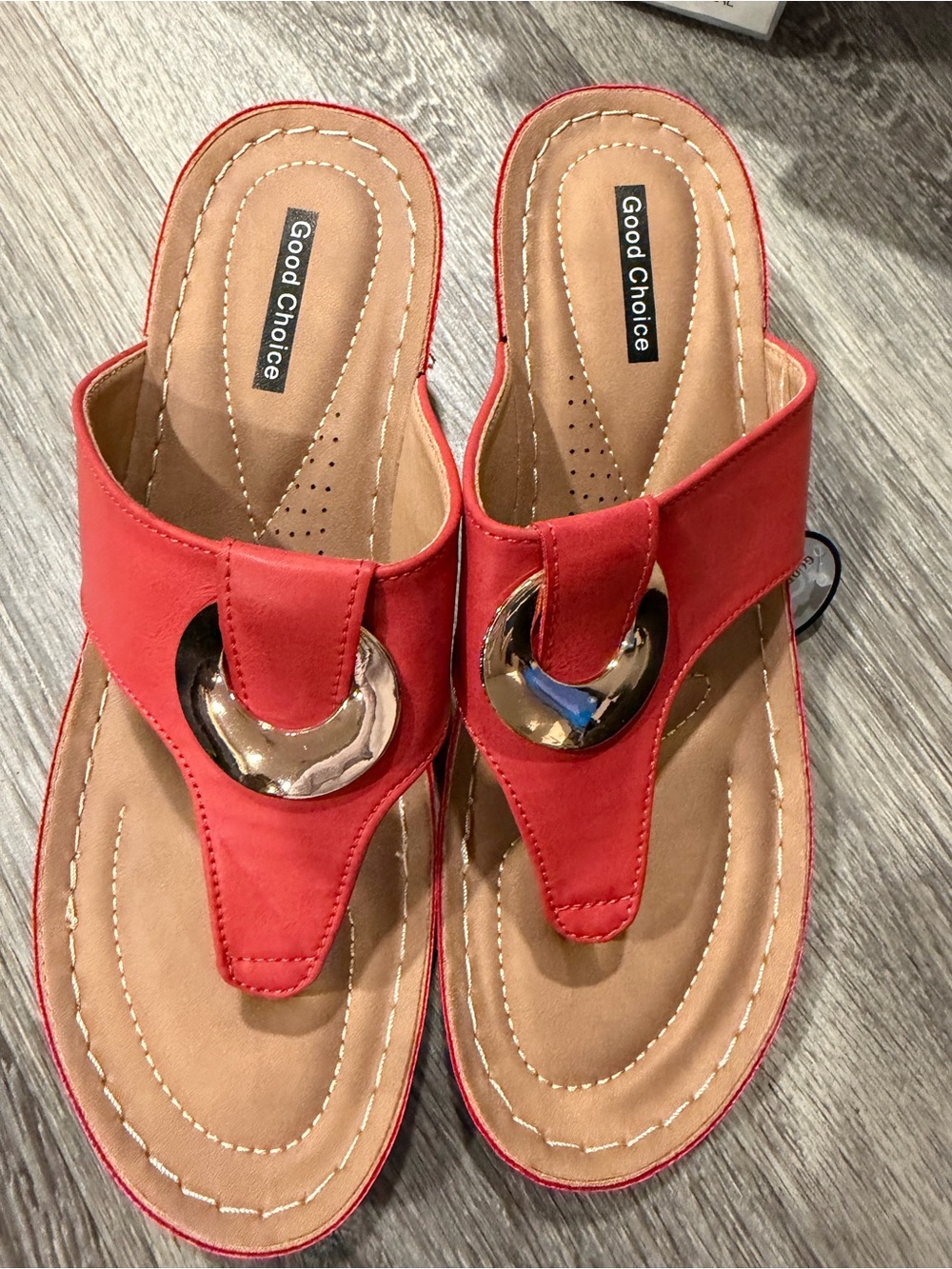 Good Chic Red Slip-On Thong Sandals with Gold Ring Detail